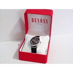 Benoss Milan Men’s Watch Stainless Steel Back Genuine Leather Band New with Box